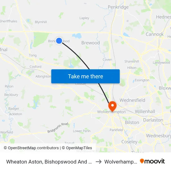 Wheaton Aston, Bishopswood And Lapley to Wolverhampton map