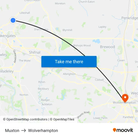 Muxton to Wolverhampton map