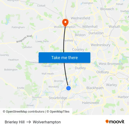 Brierley Hill to Wolverhampton map