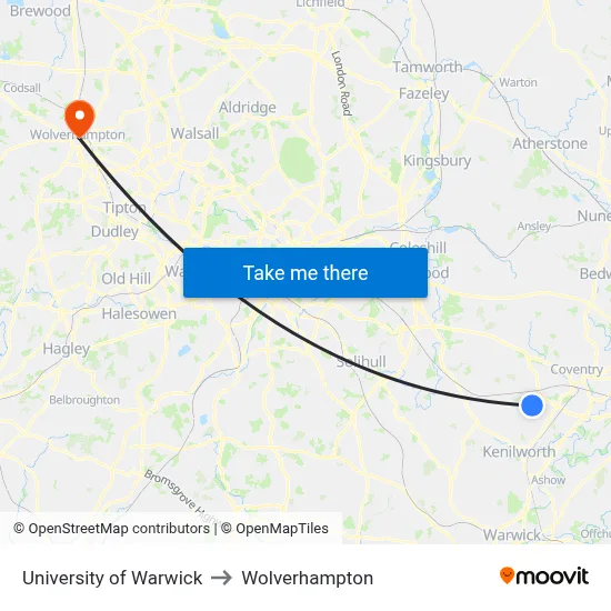 University of Warwick to Wolverhampton map