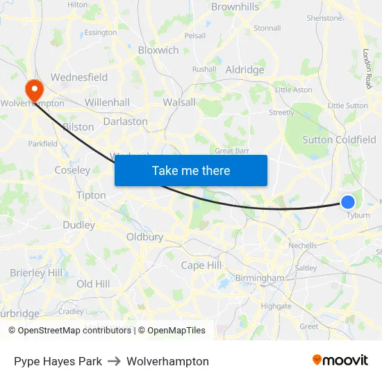 Pype Hayes Park to Wolverhampton map