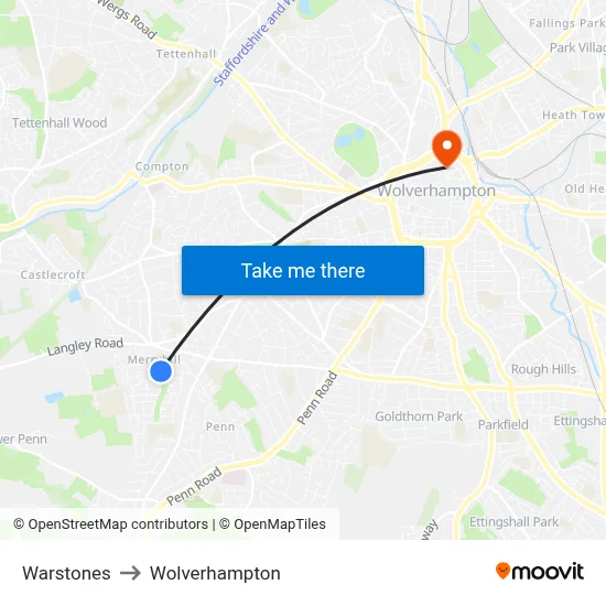 Warstones to Wolverhampton map