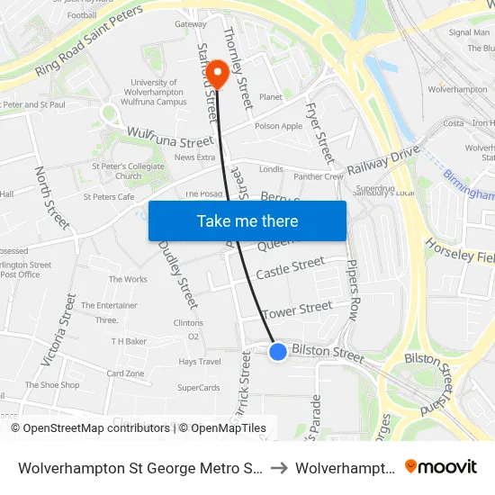 Wolverhampton St George Metro Stop to Wolverhampton map