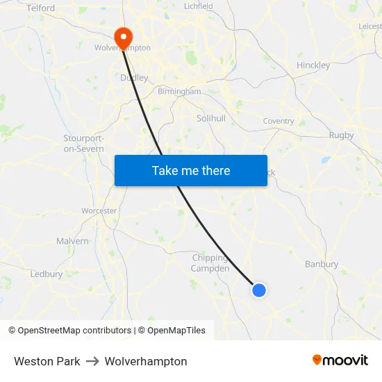 Weston Park to Wolverhampton map