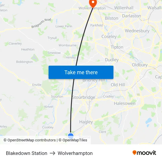 Blakedown Station to Wolverhampton map