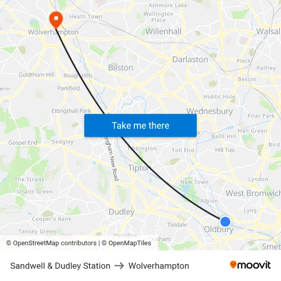 Sandwell & Dudley Station to Wolverhampton map