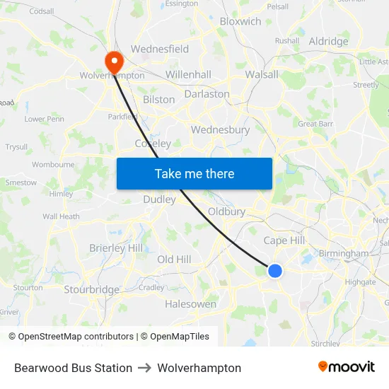 Bearwood Bus Station to Wolverhampton map