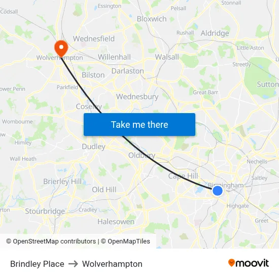 Brindley Place to Wolverhampton map