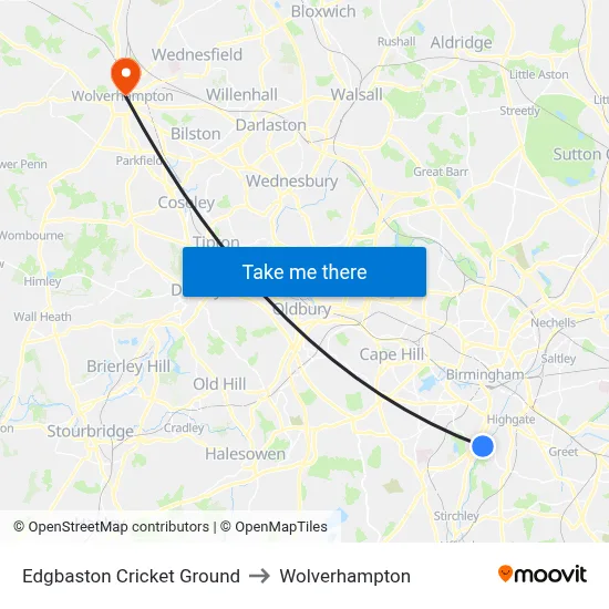 Edgbaston Cricket Ground to Wolverhampton map