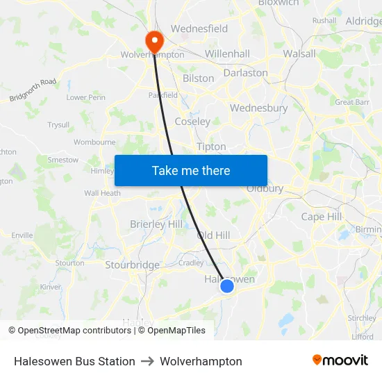 Halesowen Bus Station to Wolverhampton map