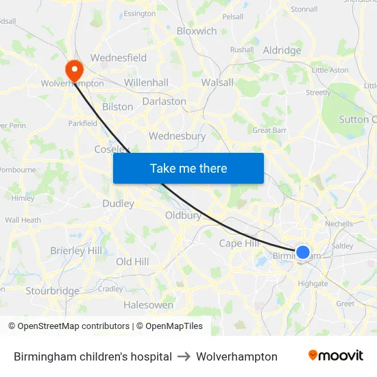 Birmingham children's hospital to Wolverhampton map