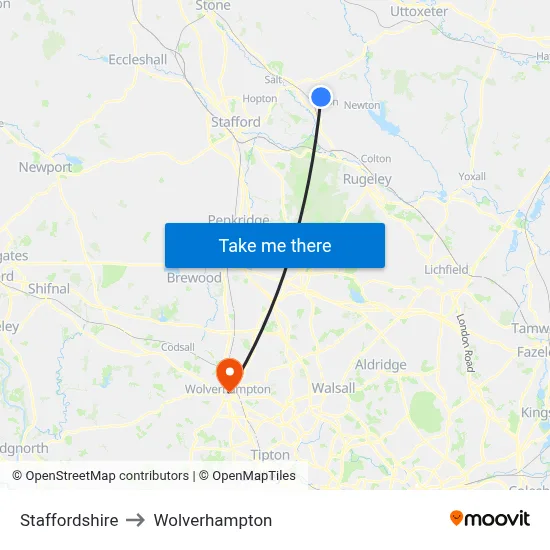 Staffordshire to Wolverhampton map