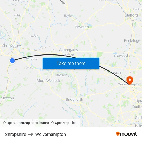 Shropshire to Wolverhampton map