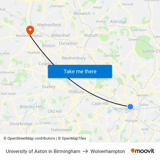 University of Aston in Birmingham to Wolverhampton map