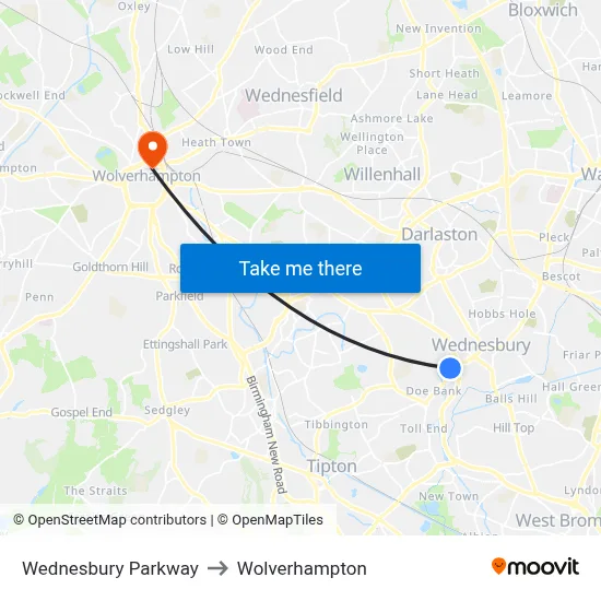 Wednesbury Parkway to Wolverhampton map
