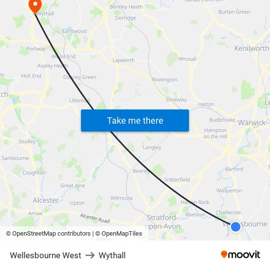 Wellesbourne West to Wythall map
