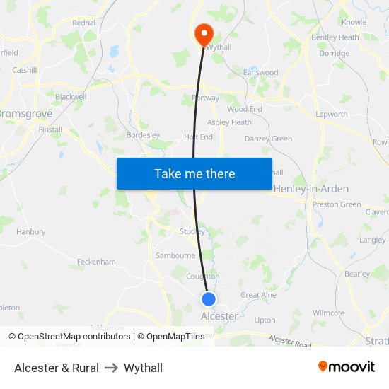 Alcester & Rural to Wythall map