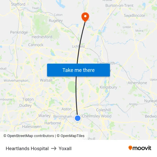Heartlands Hospital to Yoxall map