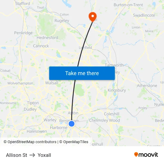 Allison St to Yoxall map