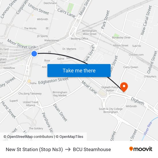New St Station (Stop Ns3) to BCU Steamhouse map