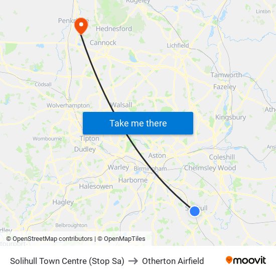 Solihull Town Centre (Stop Sa) to Otherton Airfield map