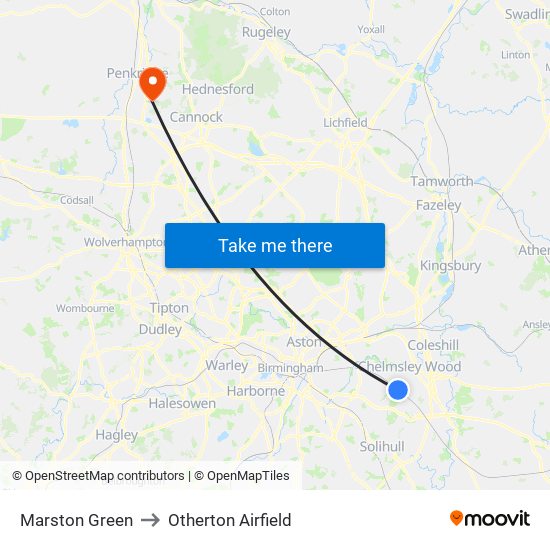 Marston Green to Otherton Airfield map