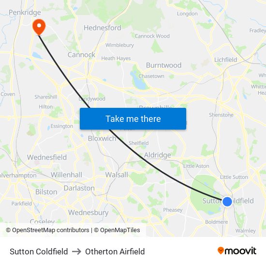 Sutton Coldfield to Otherton Airfield map