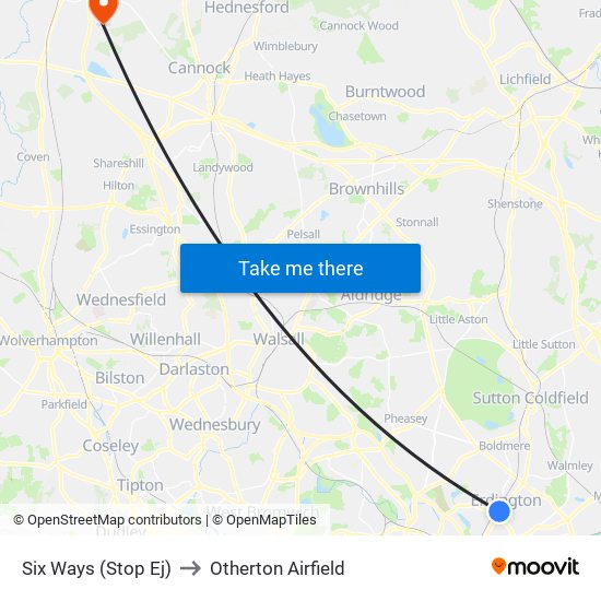 Six Ways (Stop Ej) to Otherton Airfield map