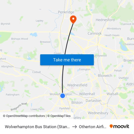 Wolverhampton Bus Station (Stand L) to Otherton Airfield map