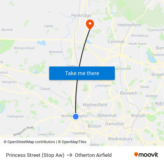 Princess Street (Stop Aw) to Otherton Airfield map