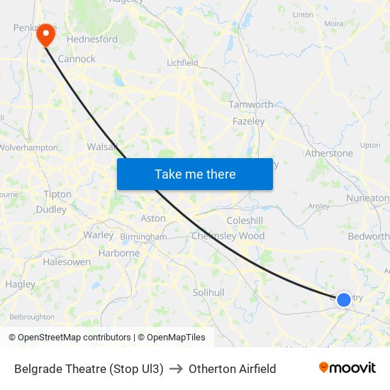Belgrade Theatre (Stop Ul3) to Otherton Airfield map