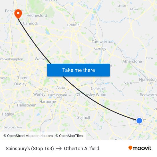 Sainsbury's (Stop Ts3) to Otherton Airfield map