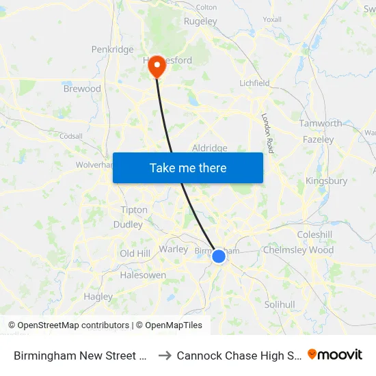 Birmingham New Street Station to Cannock Chase High School map