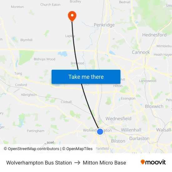 Wolverhampton Bus Station to Mitton Micro Base map