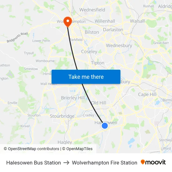Halesowen Bus Station to Wolverhampton Fire Station map