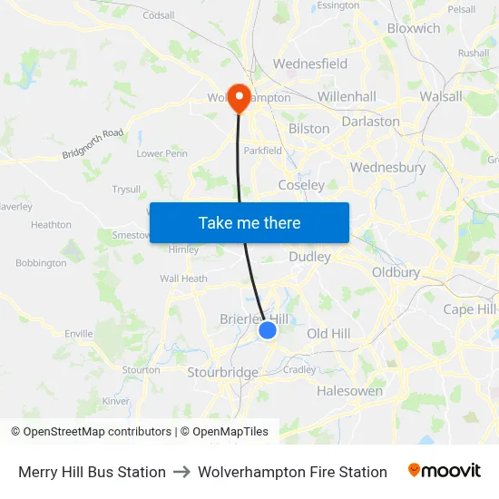 Merry Hill Bus Station to Wolverhampton Fire Station map
