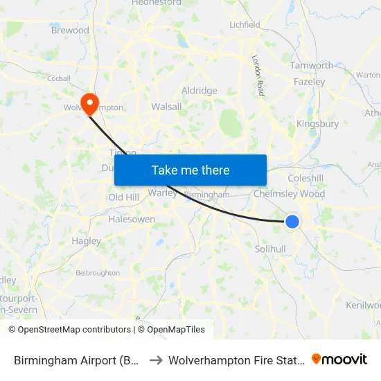 Birmingham Airport (BHX) to Wolverhampton Fire Station map