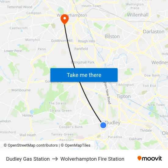 Dudley Gas Station to Wolverhampton Fire Station map