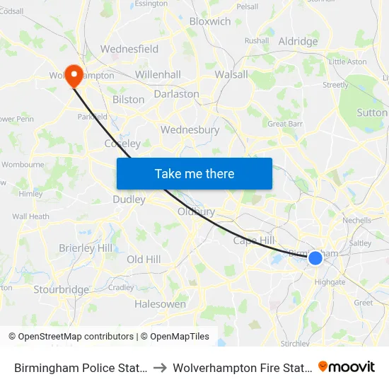Birmingham Police Station to Wolverhampton Fire Station map