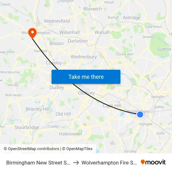 Birmingham New Street Station to Wolverhampton Fire Station map