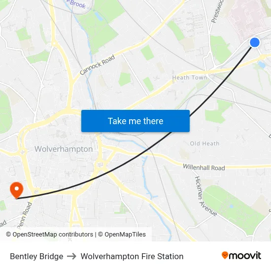 Bentley Bridge to Wolverhampton Fire Station map
