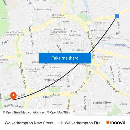 Wolverhampton New Cross Hospital to Wolverhampton Fire Station map