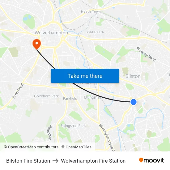 Bilston Fire Station to Wolverhampton Fire Station map