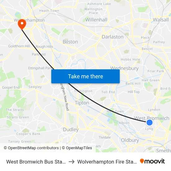 West Bromwich Bus Station to Wolverhampton Fire Station map