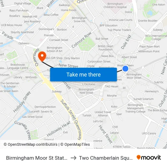 Birmingham Moor St Station to Two Chamberlain Square map