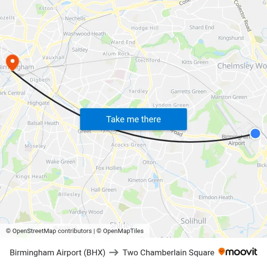 Birmingham Airport (BHX) to Two Chamberlain Square map
