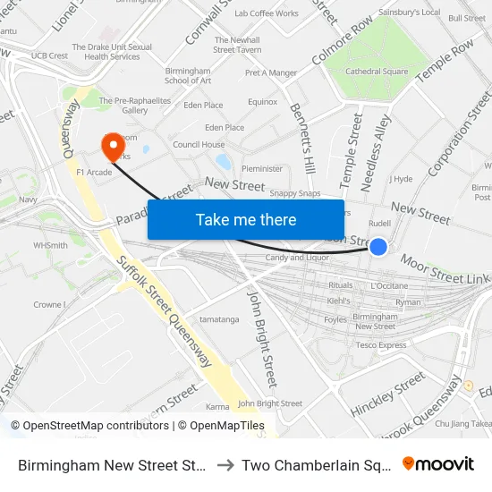 Birmingham New Street Station to Two Chamberlain Square map