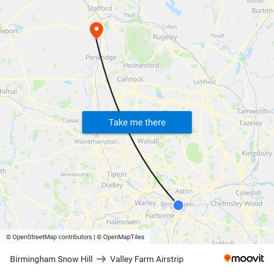 Birmingham Snow Hill to Valley Farm Airstrip map