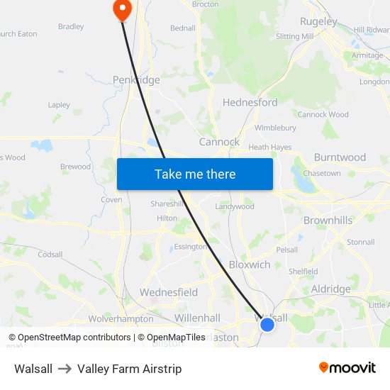 Walsall to Valley Farm Airstrip map