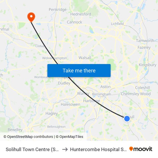 Solihull Town Centre (Stop Sa) to Huntercombe Hospital Stafford map